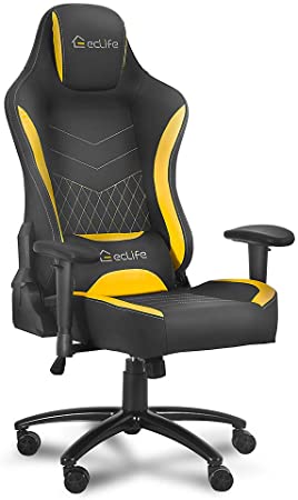 eclife Gaming Chair PC Ergonomic Racing Office Chair Massage Composite Linen Recliner Computer Desk Chair W/Lumbar Support Headrest Armrest Rolling Swivel Task Chair (Yellow)