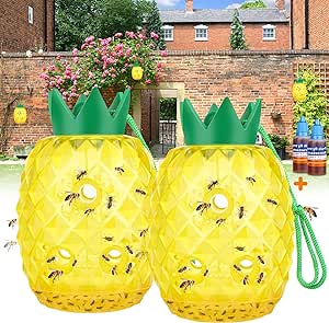 Fly Wasp Traps Outdoor Hanging, Bee Traps Repellent Yellow Jacket Catchers Killer for Outside, Hornet Deterrent Wasp Trap Non-Toxic Reusable Hanging Traps Pineapple Shape - 2 Pack, Yellow