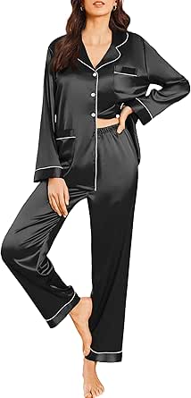 Ekouaer Silk Pajamas for Women Classic Button Down Satin Pajama Sets Long Sleeve Lounge Set