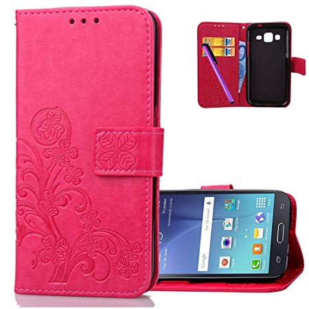 HMTECHUS Galaxy J7 2015 case Embossed Floral Card Slots Magnetic Flip Stand Shockproof PU Leather Wallet Slim Protect Cover for Samsung Galaxy J7 2015 / J7 Neo Lucky Clover:Rose XD