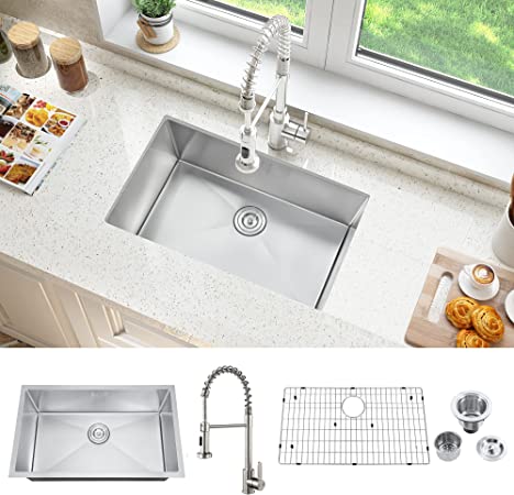 32 Inch Kitchen sink with faucet, ATTOP 32''x18'' Undermount Handmade Stainless Steel Kitchen Sink Single Bowl Basin Faucet Combo in With Grid and Strainer