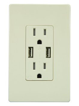 TOPGREENER TU2154A 4A High Speed USB Charger Receptacle 15A Tamper-Resistant Outlet w 2 Wall PlatesLight Almond