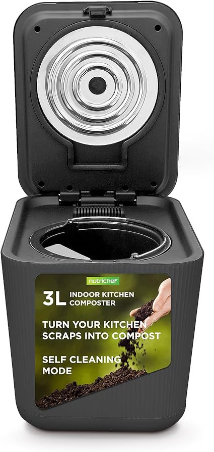 Nutrichef 3L Electric Kitchen Composter - Compost’s Organic Material & Food Scraps | Countertop Automatic Compost Bin | Dry, Crush, & Cooling Functions | Perfect for Kitchens & Apartments | Grey