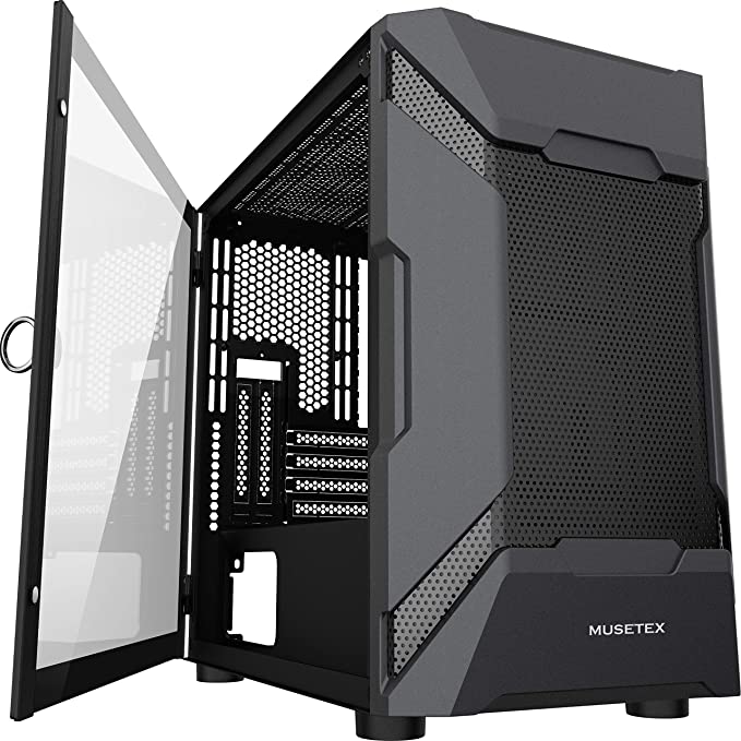 MUSETEX MESH Micro ATX Tower Case with 2 PCS × USB 3.0 Ports Magnetic Design Opening Tempered Glass Door Swing Type Side Panel & Mesh Front Panel Gaming PC Case(MK7-G)