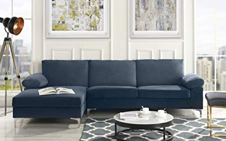 DIVANO ROMA FURNITURE Modern Large Velvet Fabric Sectional Sofa, L-Shape Couch with Extra Wide Chaise Lounge (Navy)