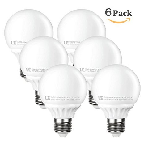 LE 5W G25 E26 LED Bulbs 40W Incandescent Bulb Equivalent Not Dimmable 450lm Warm White 2700K 270 Beam Angle LED G25 Globe Light Bulb LED Light Bulbs E26 Medium Base Pack of 6 Units