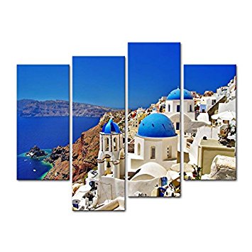 Canvas Print Wall Art Painting For Home Decor,Oia Town On Santorini Island, Greece. Traditional And Famous White Houses And Churches With Blue Domes Over The Caldera, Aegean Sea 4 Piece Panel Paintings Modern Giclee Stretched And Framed Artwork The Picture For Living Room Decoration,Landscape Pictures Photo Prints On Canvas