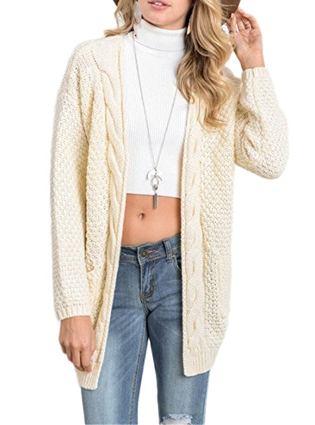 HIKARE Women's Oversized Long Sleeve Open Front Chunky Cable Knit Sweater Cardigans with Pockets