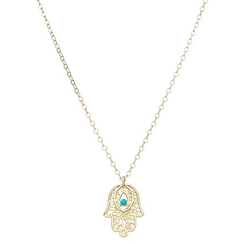 Fanciful Filigree Hamsa Necklace for Luck, Love and Protection with a Protective Turquoise Eye in the Center to Watch Over You