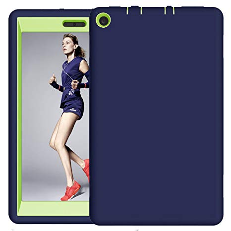 Fire HD 8 2017 Case, Hocase Hybrid Dual Layer Shock Absorbent Silicone Bumper Hard PC Protective Case for All-New Fire HD 8 Tablet (7th Generation, 2017 Release) - Navy Blue / Lime Green