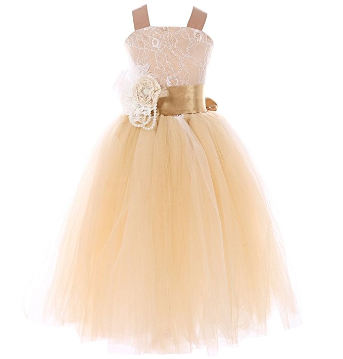 FAYBOX Pageant Wedding Flower Girl Dress Crossed Back Bow Feather Sash Fluffy