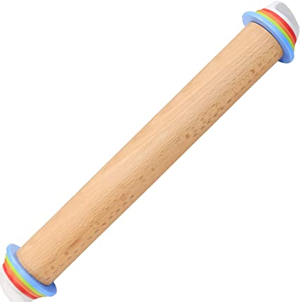 TaoQi Adjustable Rolling Pin With Scale and Removable Rings, 16.9'', Beech Wood