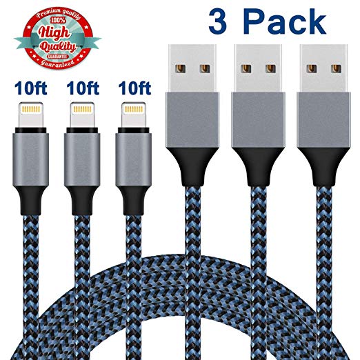 iPhone Charger,Lightning Cable 3Pack 10Ft Sundix iPhone Charger Cable Nylon Braided Charging Cable Cord Compatible X 8 8plus 7 7plus 6s 6s Plus More-Blue