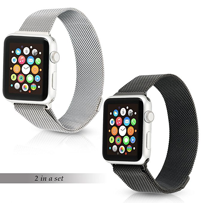 Tranesca Fully Adjustable Milanese mesh band with Magnetic Clasp made of Top grade Stainless Steel for 42mm Apple Watch Series 3 2 1(2 pack, silver black)