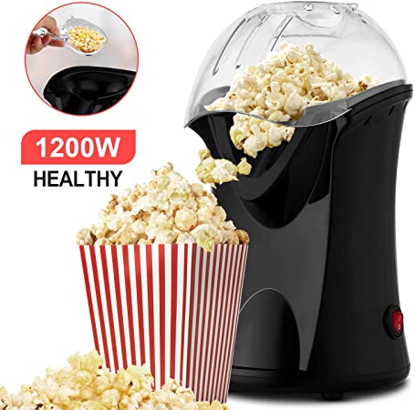 Hot Air Popcorn Maker,Popcorn Machine,Popcorn Popper 1200W,No Oil Needed, Including Measuring Cup and Removable Lid (Black)