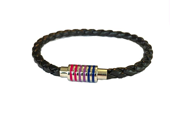 Strongest Link BI Pride Black Braided Leather Bracelet with Magnetic Clasp 8" Inches