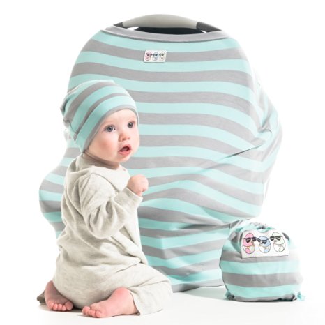 Stretchy Car Seat Canopy Gift Set - Multi Use Cover for Infants, includes Baby Beanie and Carrying Case (Blue and Grey)