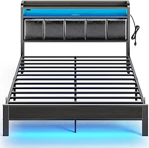 Rolanstar Bed Frame Queen Size with Charging Station and LED Lights, PU Leather Headboard with Storage Shelves, Heavy Duty Metal Slats, No Box Spring Need, Noise Free, Easy Assembly, Black