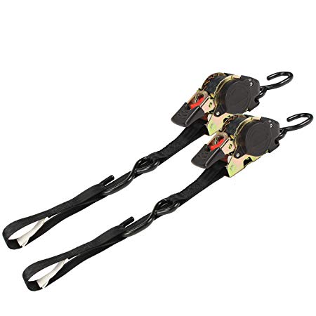 2 Auto Retract NO-RATCHETING Ratchet Straps w/Soft Loop | 1" x 10' SELF-CONTAINED Compact Cargo Strap Tiedowns for Motorcycles, ATVs, Bikes: Tight & Secure Pickup Trailer Tie-Down