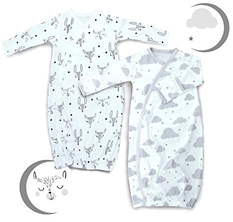 2 Pk 100% Organic Cotton Kimono Gown Boy Girl, Newborn - 3 Months Easy Change Snaps Built in Mitts, Gray/White Animals Clouds