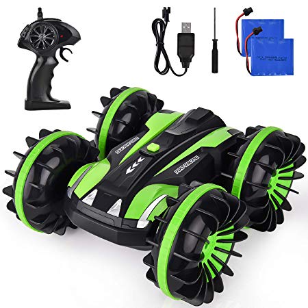 ROOYA BABY Remote Control Car Boat RC Truck Amphibious Stunt Car 4WD Off Road 2.4GHz Radio Controlled Vehicle Waterproof Double Side Race 360 Degree Rotates Green