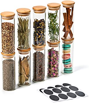 EZOWare 10 Piece Clear Glass Jar Set, Small Air Tight Canister Storage Containers with Natural Bamboo Lids and Chalkboard Labels for Kitchen, Bathroom, Home Decor, Party Favors (300ML)