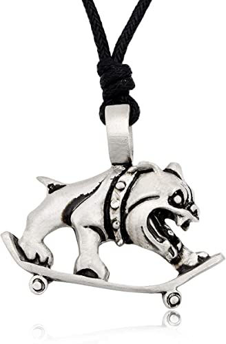Vietguild New Bulldog On Skateboard Silver Pewter Charm Necklace Pendant Jewelry