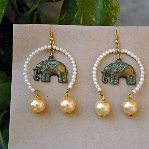 Elephant earrings, antique finish, golden and white pearls, inverted hoops, Indian Costume Jewelry, hook closure, Unique Ethnic Fusion