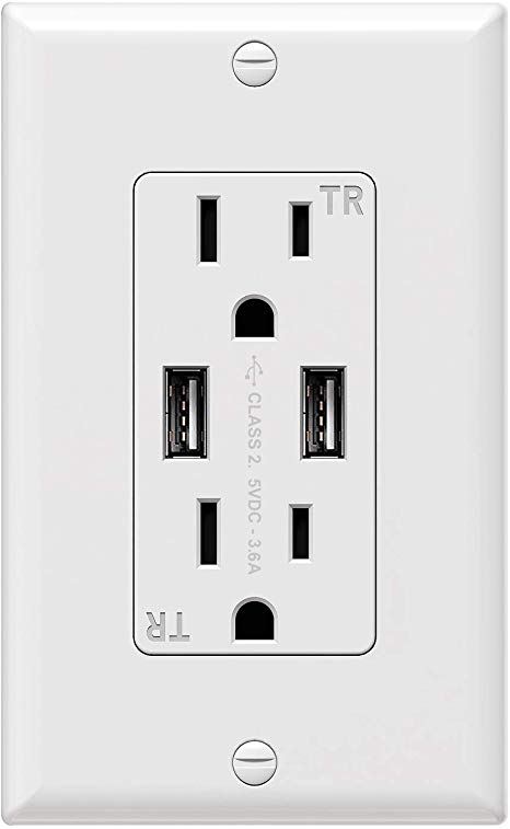 USB Wall Outlet 3.6A Dual High Speed USB Charger Electrical Outlet 15A/125V Receptacle 1 Pack White Wall Plate, Screw Include