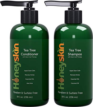 Tea Tree Stem Cell Shampoo & Conditioner Set - with Manuka Honey and Coconut Oil - Dandruff & Hair Loss Treatment - Soothes Itchy Scalp & Hair Thickening - Paraben & Sulfate Free - Made in USA (8oz)