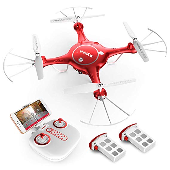 Syma X5UW RC Drone with Camera Live Video FPV Remote Control Quadcopter with 120°FOV 720P HD WiFi Camera - Altitude Hold Headless Mode 3D Flips One Key Take-Off/Landing and Extra Batteries, Color Red