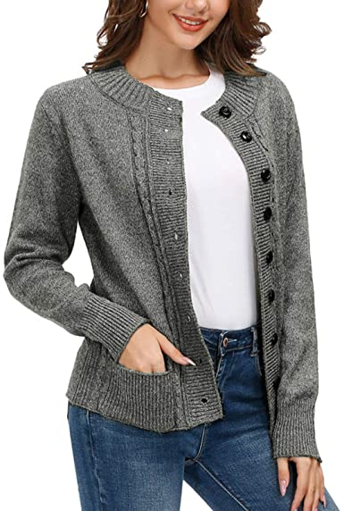 KANCY KOLE Women Cable Knit Sweater Coat Long Sleeve Button Down Cardigan Outwear with Pockets S-XXL