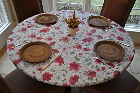 Elastic Edged Flannel Backed Vinyl Fitted Table Cover WATERCOLOR PATTERN - Large Round - Fits tables 45" to 56" Diameter
