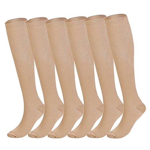 6 Pairs of Upgraded Knee High Graduated Compression Socks For Women and Men- 15-20mmHg
