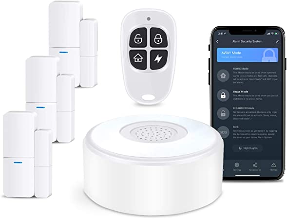 AGSHOME Wireless Burglar Alarm System, House Alarms Security System 5 Pieces kit with 3 Door/window alarms Sensors, 1 Remote Control, App Control, work With Alexa And Google Home, For Garage, Home