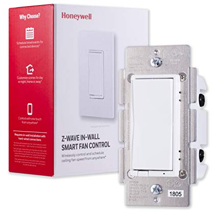 Honeywell Z-Wave Plus Smart Fan Speed Control, 3-Speed In-Wall Paddle Switch, White and Almond |Built-In Repeater Range Extender | ZWave Hub Required - SmartThings, Wink, Alexa Compatible, 39358