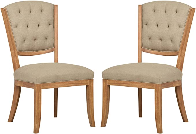 Amazon Brand – Stone & Beam Bergen Tufted Dining Room Kitchen Chairs, 38.6"H, Set of 2, Hemp Beige, Wood Oak
