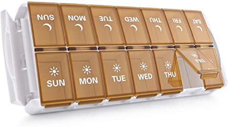 TookMag Weekly Pill Organizer 2 Times a Day, Easy Fill AM PM Pill Box, Large Capacity Quick-Refill 7 Day Pill Cases for Pills/Vitamin/Fish Oil/Supplements (Patent Registered) (Brown)