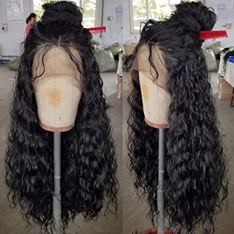 QD-Tizer Loose Curly Hair Wigs Synthetic Lace Front Wigs for Black Women Balck Long Curly Lace Front Wigs with Baby Hair Heat Resistant 180% Density