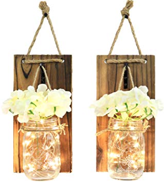 Greenco GRC2859 Wall Hung Mason Jar Sconce with Faux Flower and Led Strip Lights, Rustic