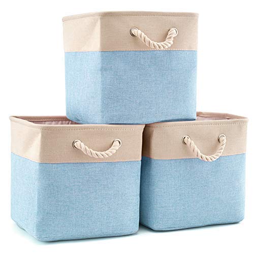 EZOWare [3-Pack Collapsible Storage Bins Basket Foldable Canvas Fabric Tweed Storage Cubes Set with Handles for Babies Nursery Toys Organizer (13 x 13 x 13 inches) (Cream/Blue)