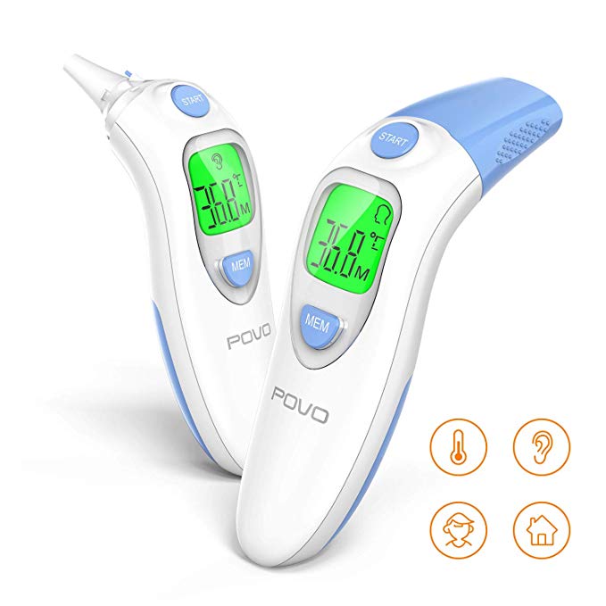 POVO Baby Thermometer Ear and Forehead Thermometer 4-in-1 Digital Infrared Thermometer for Baby Adults Objects and Ambient 1 Second Measurement Fever Warning