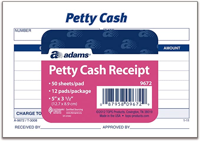 Adams Petty Cash Receipt Pad, 5 x 3-1/2 Inches, 50 Sheets per Pad, Pack of 12 Pads (9672ABF)