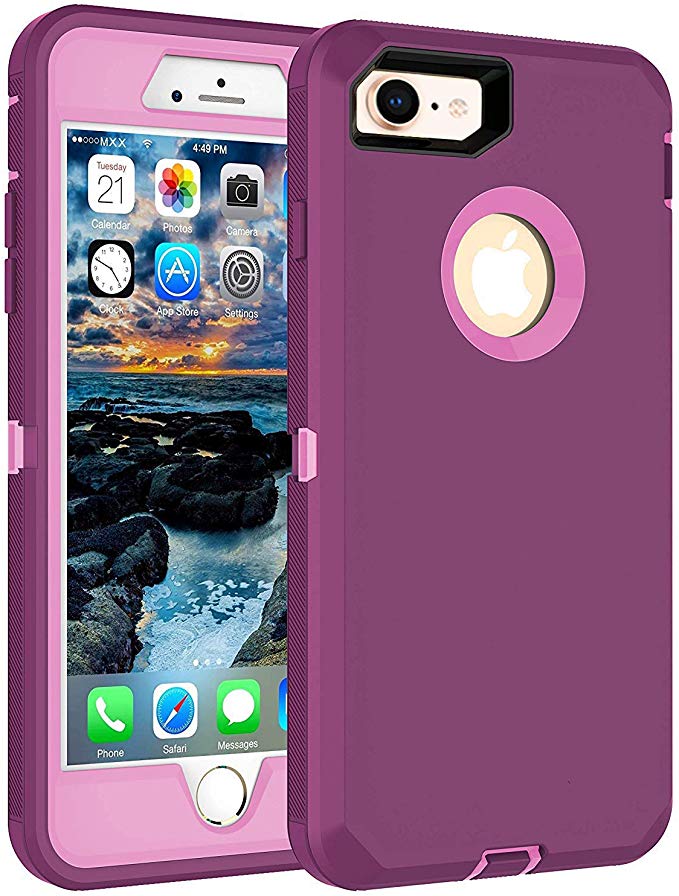 MXX iPhone 8 Heavy Duty Protective Case with Screen Protector [3 Layers] Rugged Rubber Shockproof Protection Cover for Apple iPhone 7 / iPhone 8 - Purple/Light Pink