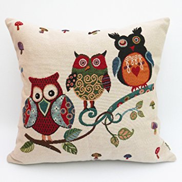 Uniifurn Decorative Square Throw Pillow Cover Pillowcase Cushion Cover 20x20 Inches, Jacquard Cute Owl on Both Sides (Three Owls)