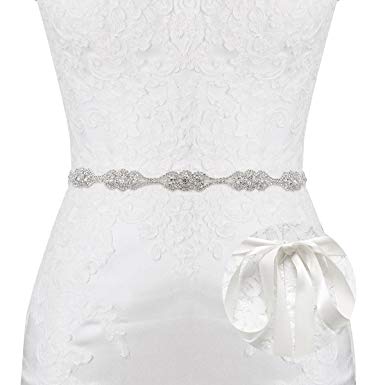 E-Clover Crystal Silver Leaf Satin Bridal Sash Wedding Belt for Bride, Bridesmaid
