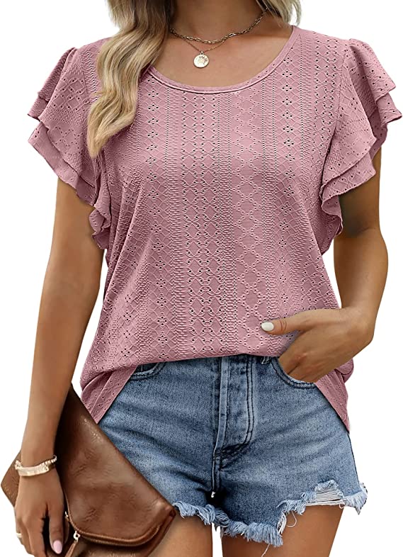 Aokosor Womens Summer Tops Ruffle Sleeve Tshirts Shirts Crew Neck Casual Tunic Shirts