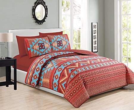 Western Southwestern Native American Tribal Navajo Design 6 Piece Multicolor Turquoise red Orange Brown Bedspread Quilt with Sheet Set (Queen)