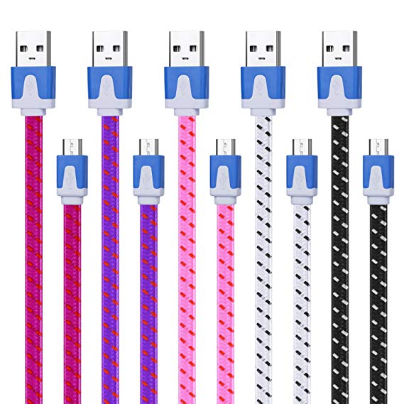Magic-T [5-Pack] Premuim10ft Micro USB Cables High Speed USB 2.0 A Male to Micro B Sync and Charge Cables for Android, Samsung, HTC, Motorola, Nokia and More (Black&White&Rose&Purple&Pink)