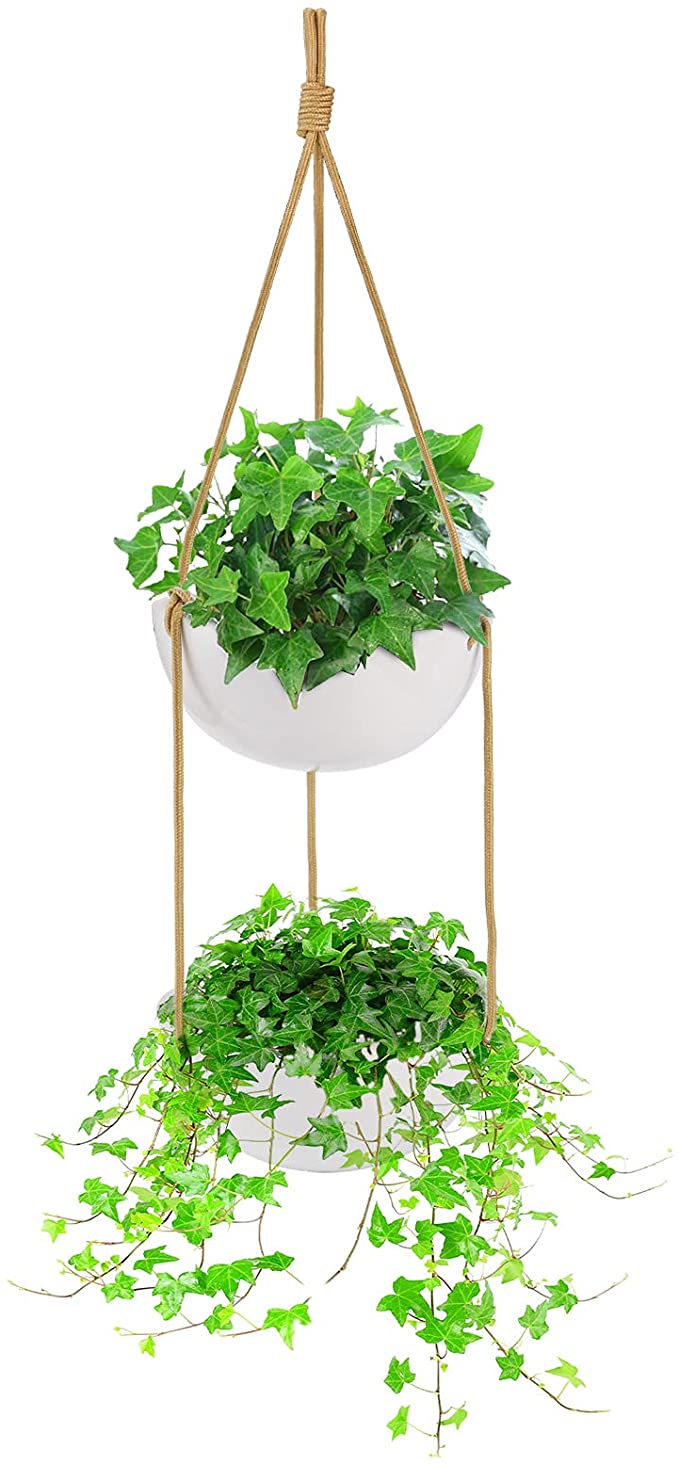 Foraineam 9 Inch Ceramic Double Hanging Planters, 2 Tier Modern Hanging Plant Containers, Indoor Outdoor Round Flower Pots with Polyester Rope Hanger for Ivy Herbs Ferns Crawling Plants